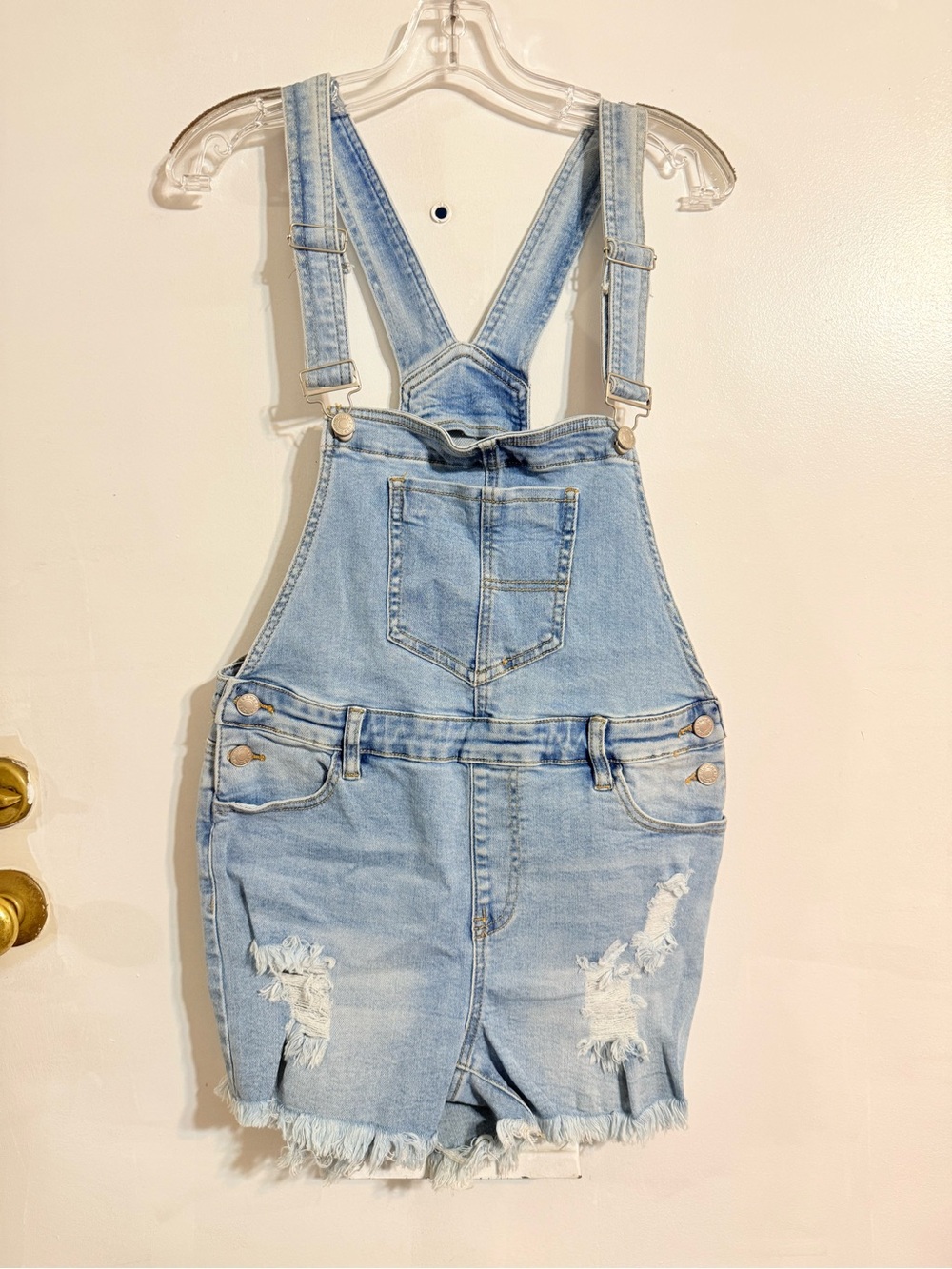 New American Bazi Light Wash Denim Short Overalls with Distressed Detail Medium
